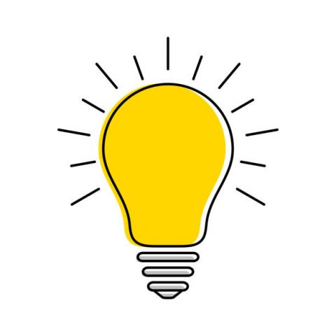Yellow light bulb icon with rays, idea and creativity symbol, modern thin line art. Vector EPS 10